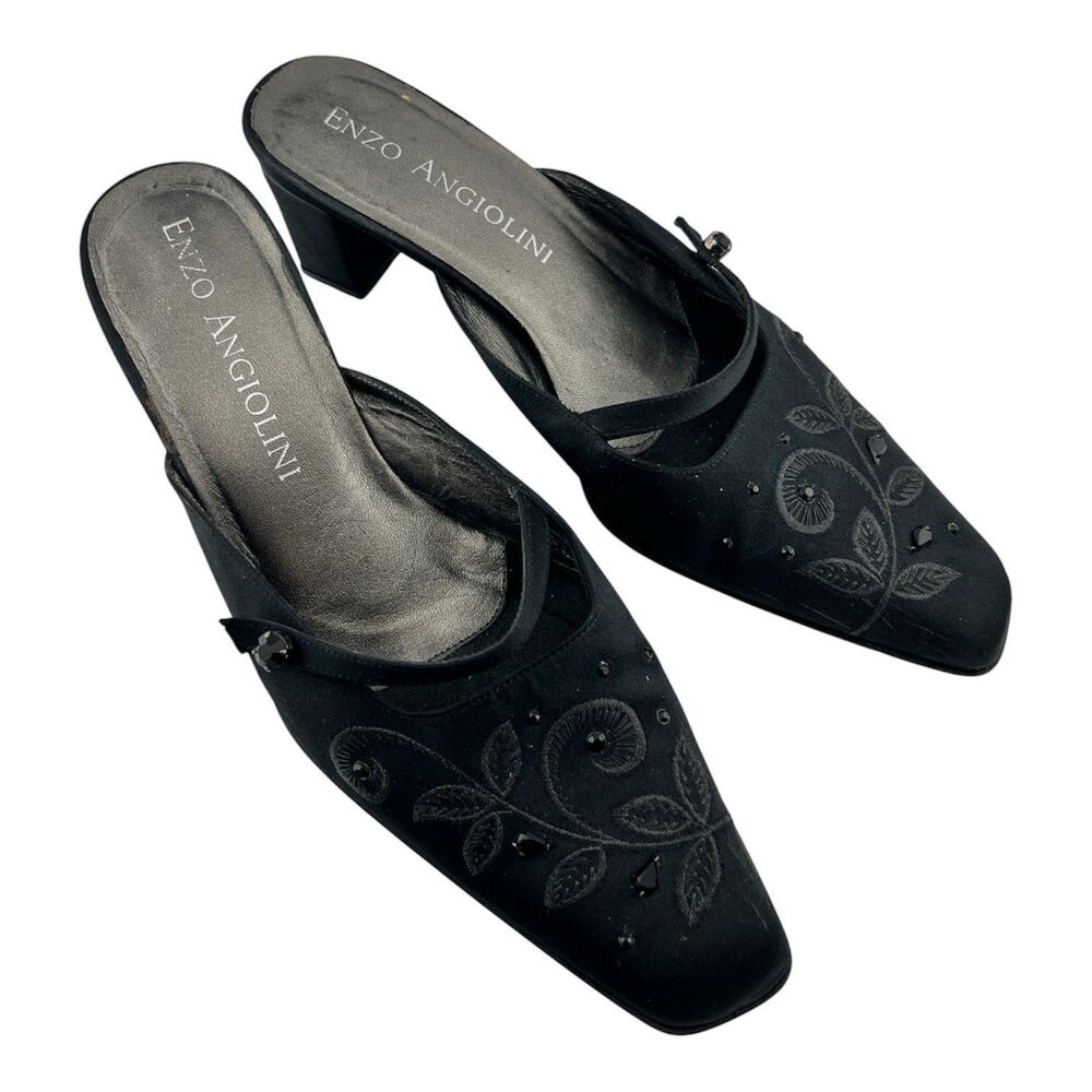 Enzo Angiolini Black Satin Mules Heels Floral Embroidery Rhinestones Bead Glam 8